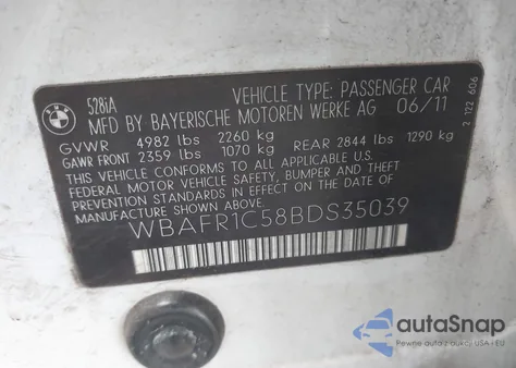 2011 BMW 528I from USA, damaged, VIN WBAFR1C58BDS35039